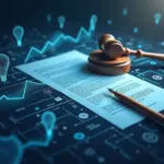 Изображение, объединяющее символы искусственного интеллекта и авторского права на фоне иконок интернет-маркетинга и электронной коммерции