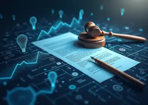 Изображение, объединяющее символы искусственного интеллекта и авторского права на фоне иконок интернет-маркетинга и электронной коммерции
