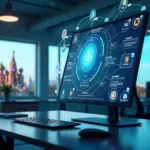 Дизайнерский рабочий стол с интерфейсами чат-ботов на ИИ и интеграциями Zapier и Integromat на фоне российских символов