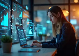 Современный офис с маркетологом за ноутбуком, графиками открываемости писем и иконками искусственного интеллекта, символизирующими оптимальное время рассылки