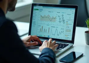 Маркетолог у ноутбука с интерфейсом email‑кампании, графиками открываемости и наложением нейросетевых визуализаций, рядом карточки товаров