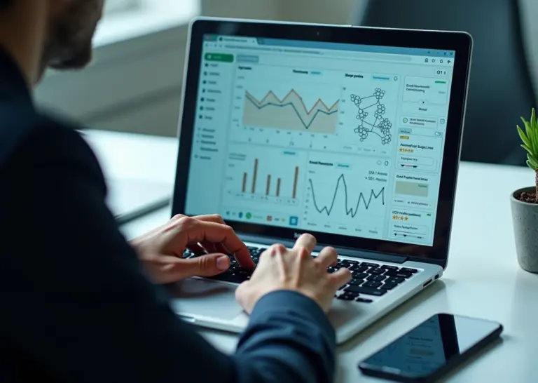 Маркетолог у ноутбука с интерфейсом email‑кампании, графиками открываемости и наложением нейросетевых визуализаций, рядом карточки товаров