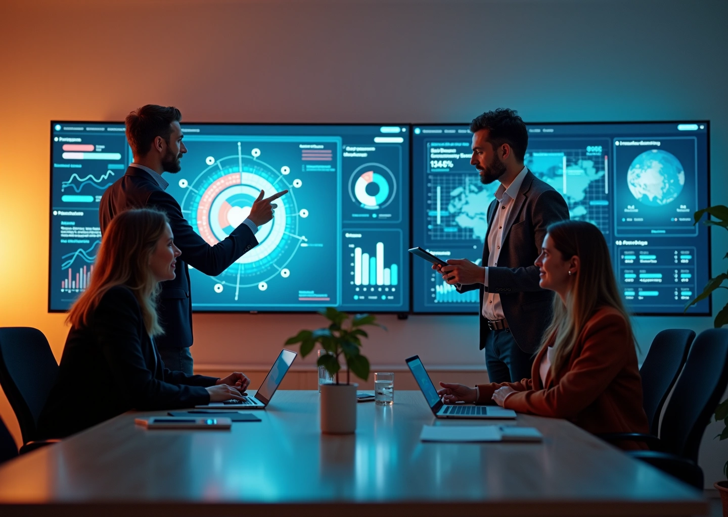 Команда маркетинга и дата‑саентисты в корпоративной комнате совещаний у экранов с дашбордами, визуализациями ИИ и метриками для масштабирования маркетинга