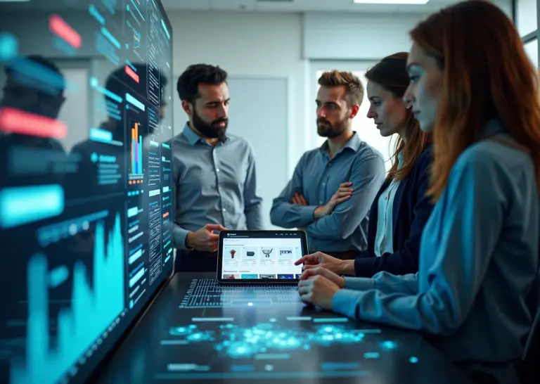 Команда маркетологов и инженеров обсуждает интерактивную панель с графиками, нейросетевыми визуализациями и персонализированными баннерами для e‑commerce