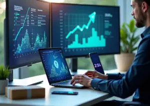 Маркетолог за ноутбуком с интерфейсом AI для генерации тем и текстов писем, рядом графики KPI и элементы e‑commerce