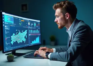 Маркетолог у ноутбука с дашбордом CRM и иконками ИИ на фоне элементов e‑commerce